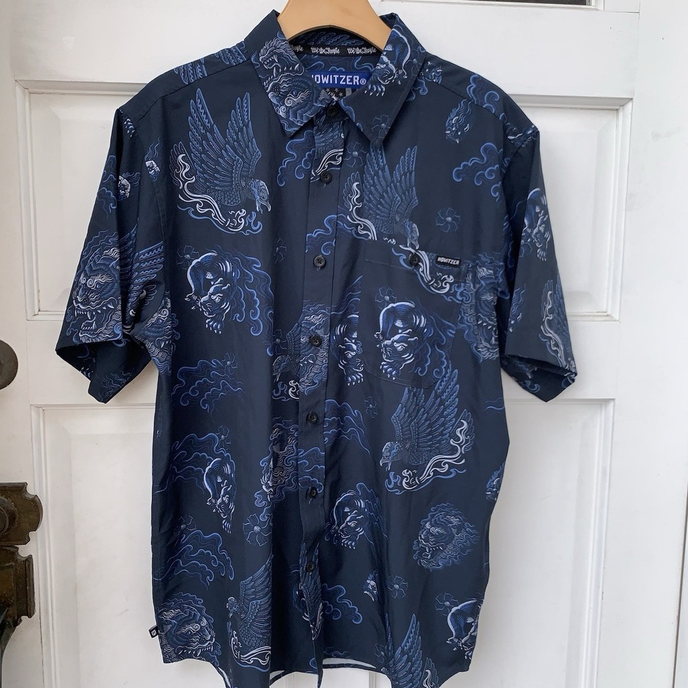 HOWITZER Mens Short Sleeve Button Up Shirt All Over Print Eagle Dragon Design M‎